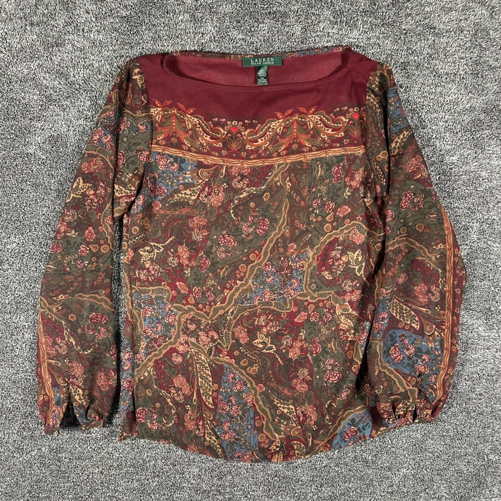 Lauren Ralph Lauren Blouse Womens L Burgundy Paisley Floral Mesh Yoke Boho Top